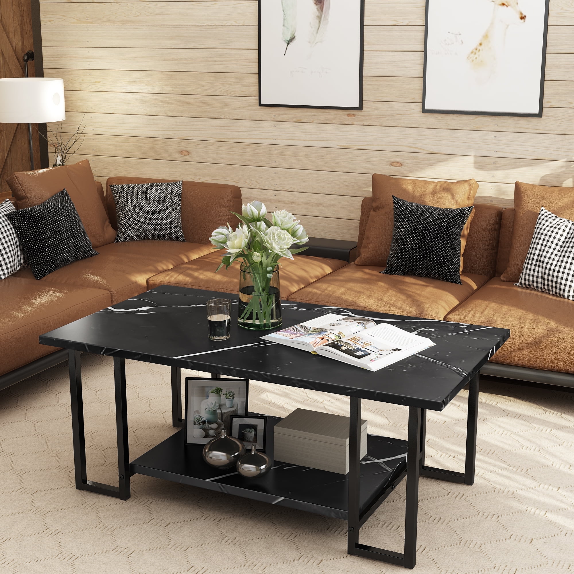 Baxluxe Living Room Coffee Table Tea Table Rectangle Coffee Table ,Faux Marble Sofa Table 2-Tier Storage Center Table,Table Modern Coffee Table,Small Cocktail Tables,Black