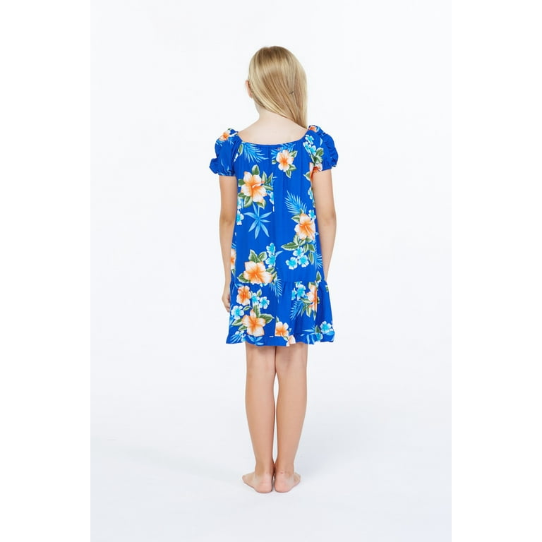 Girl Hawaiian Short Sleeve Simple Muumuu Ruffle Dress in Hibiscus Blue Walmart