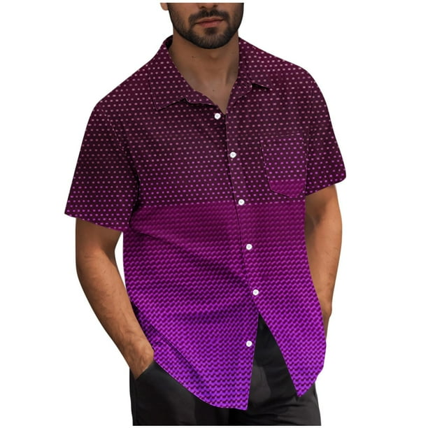 Mens Casual Manga Corta Botón Abajo Camisas Turndown Cuello Blusa de Impresión, Poliéster Ligero Top de la Moda para el Verano Al Aire Libre Y el Uso Diario