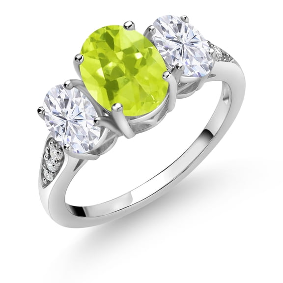 Gem Stone King 10K White Gold Yellow Lemon Quartz White Moissanite and White Lab Grown Diamond 3 Stone Engagement Ring for Women (2.14 Cttw, Gemstone Birthstone, Available in Size 5, 6, 7, 8, 9)