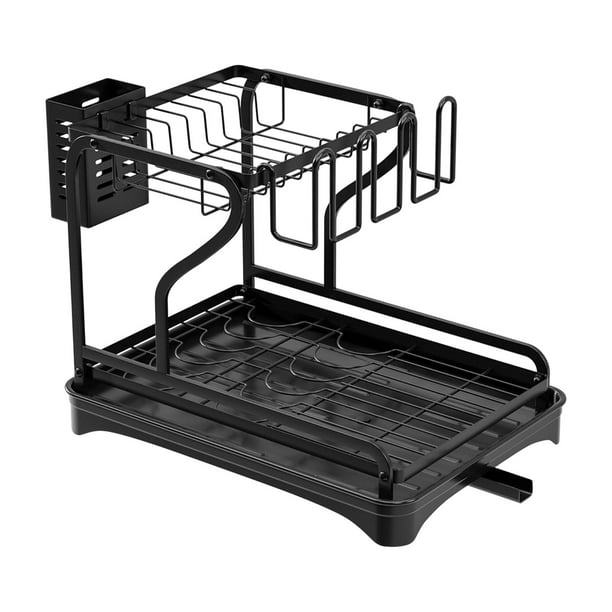 Escurridor de platos para encimera de cocina, con escurridor, ranuras para utensilios de 2 niveles, bandeja escurridora de platos a prueba de óxido, Negro
