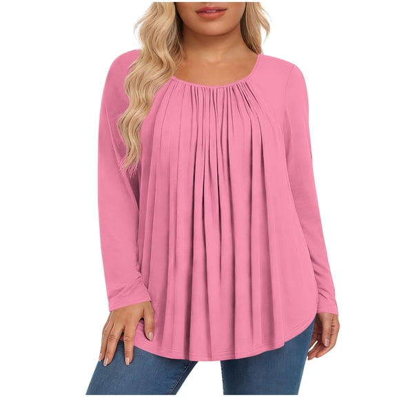 Lenpel Women's Plus Size Tops Trendy Long Sleeve Crew Neck Pleated Curved Hem Casual T-Shirts Loose Tunic Blouses