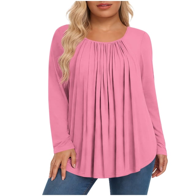 Hauts pour Femmes Grande Taille, Chemises Décontractées à Manches Longues Coupe Décontractée, Blouses à Col Rond T-Shirt Surdimensionné Confortable, Tenue d'Intérieur Tendance 2026 pour Usage Quotidien