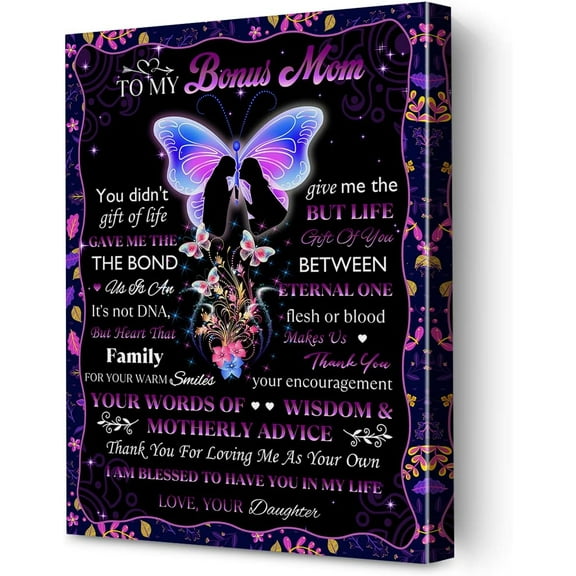 Novelty Bonus Mom Gift to My Bonus Mom Framed Canvas Wall Art, Butterfly Bonus Mom Print Paintings Poster, Perfect Wall Decor for Home Bedroom Artwork Gift 5x10 Inch
