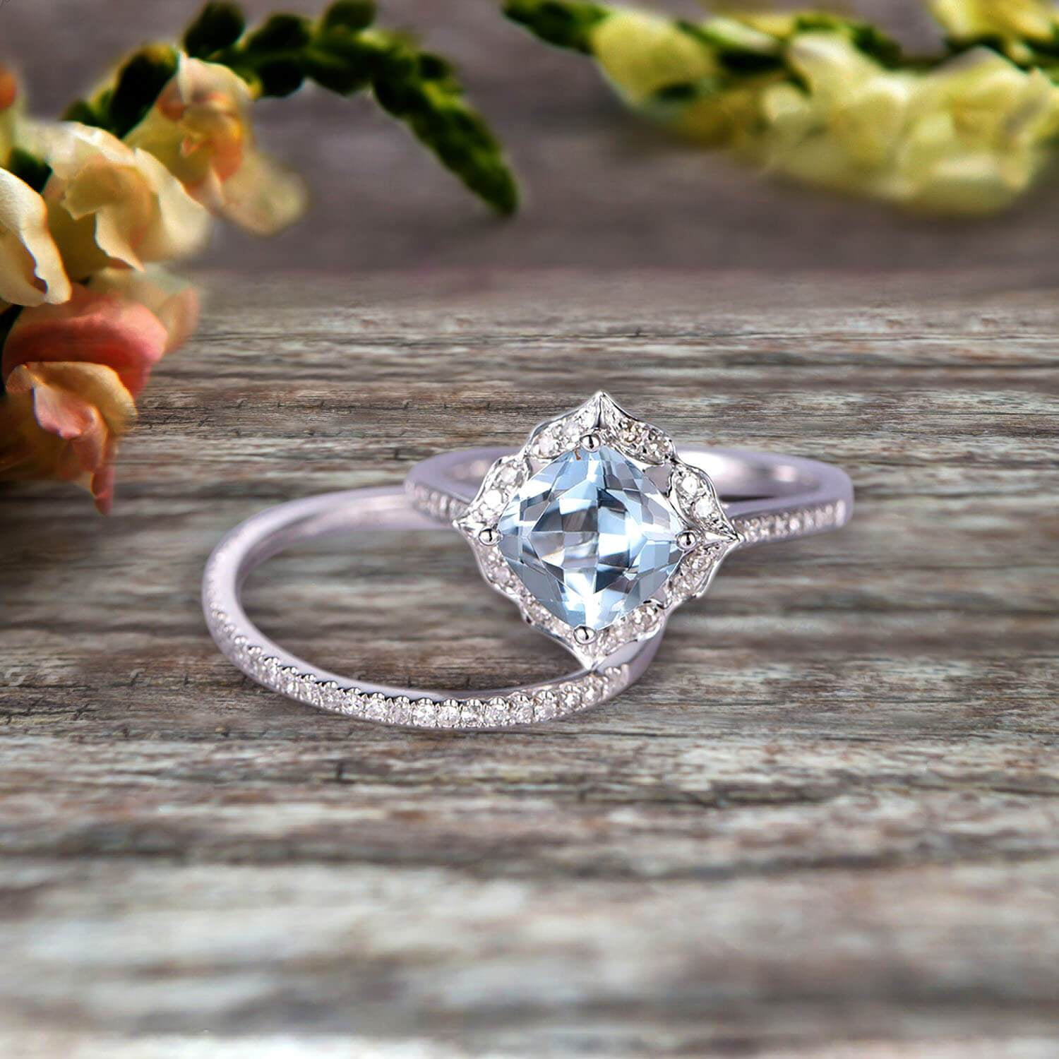 2Pcs Wedding Ring Set 7mm Cushion Cut Carat Aquamarine