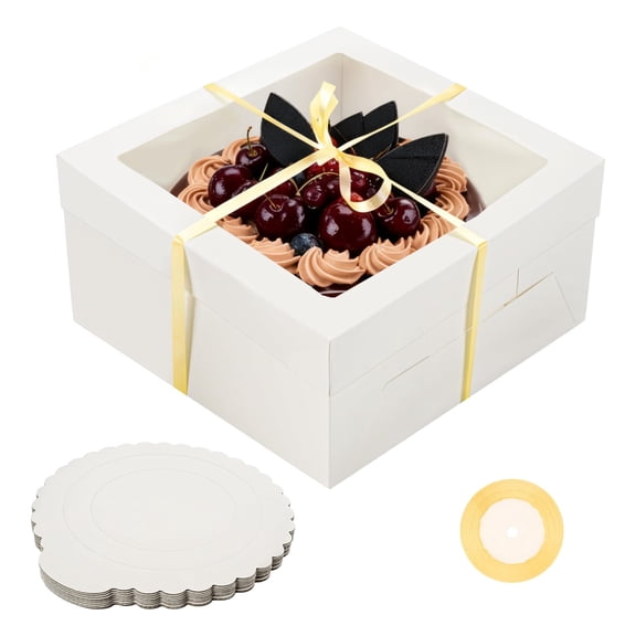 10 Pack White Cake Boxes with Window, 12x12x6 Inches with 10 Cake Boards & Ribbon, Cajas Pasteles para Pasteles, Bakery Packaging for Cupcakes & Layer Cakes
