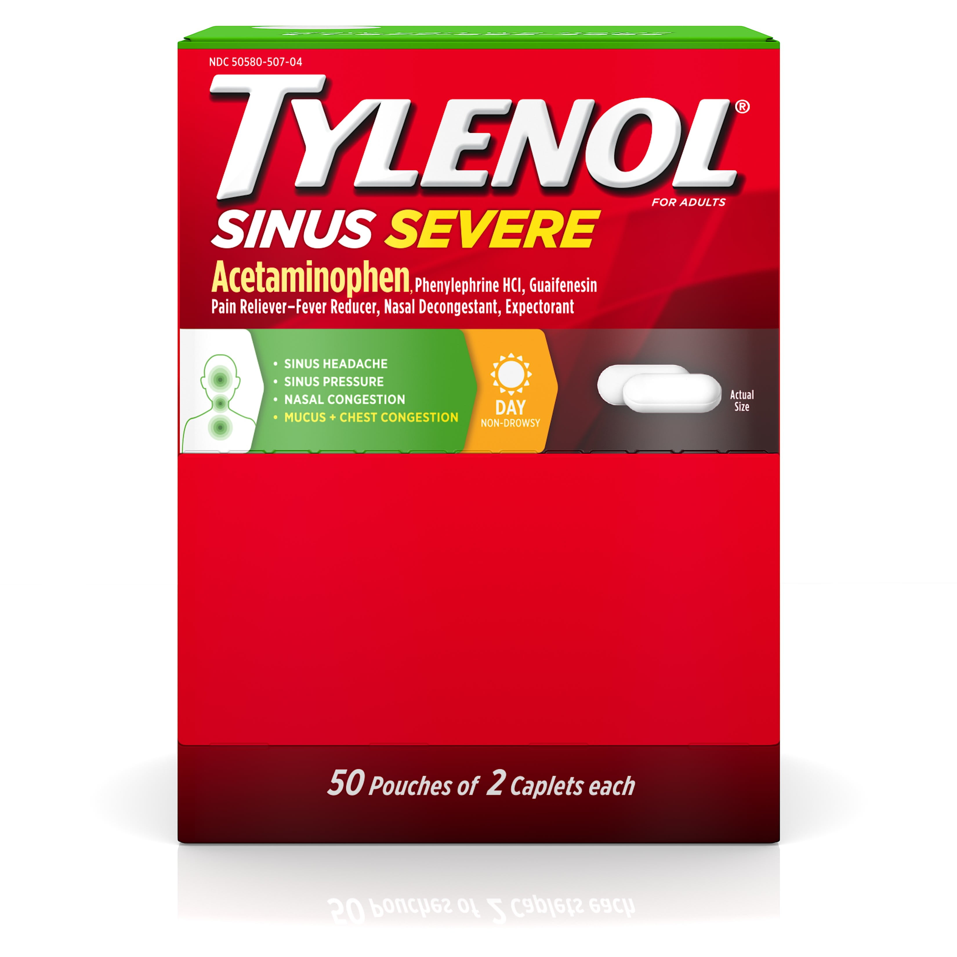 Tylenol Sinus Severe Non-Drowsy Daytime Caplets, 50 Packs of 2 ct