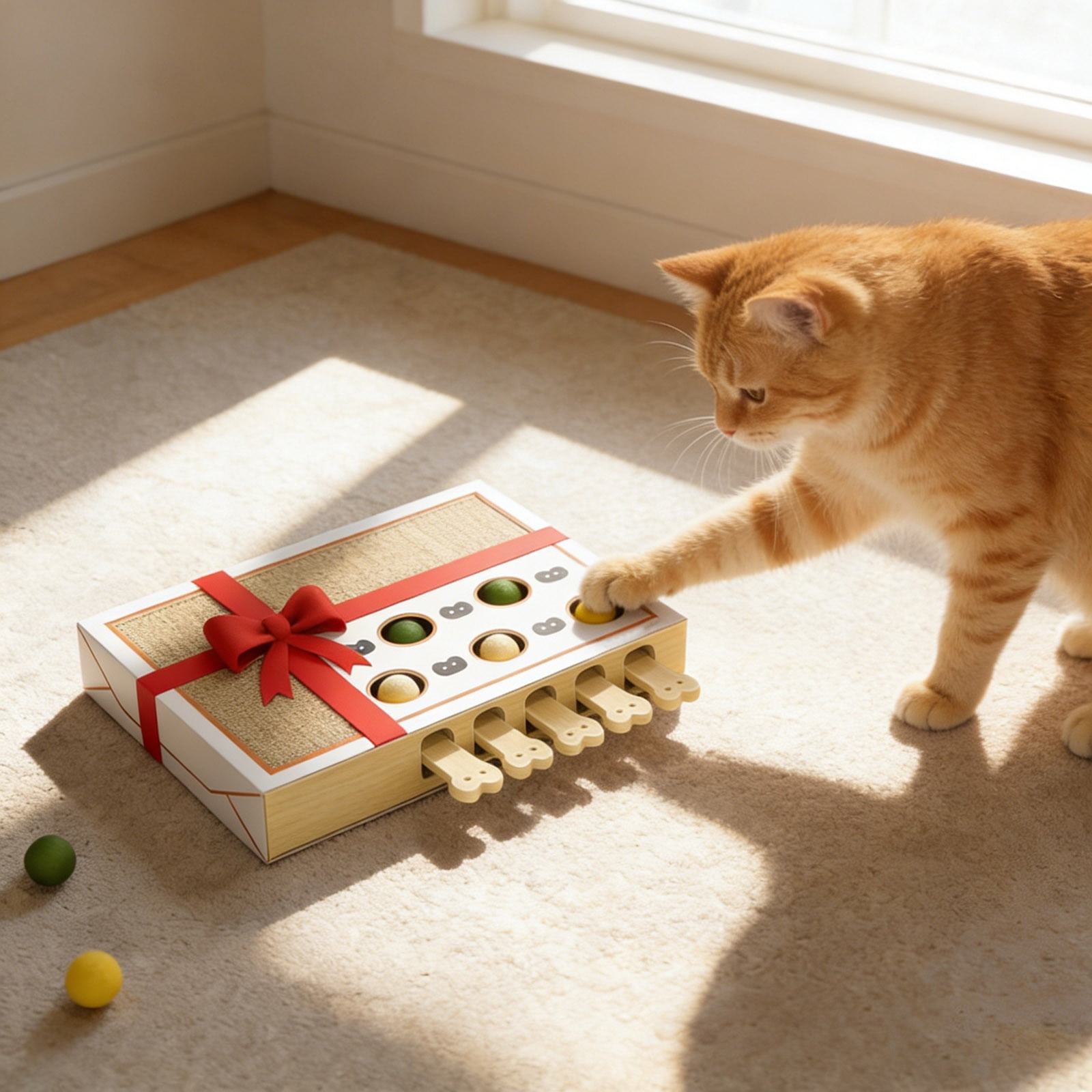 Cat Puzzle Scratching Board with 5 Popping Balls - Interactive Whack-A-Mole Cat Toy with Scratch Pads and Wooden Levers, Durable Puzzle Toy for Kittens Adult Cats to Reduce Boredom & Anxiety