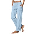 thumbnail image 3 of Linen Pants Women Cotton Linen Pants Comfy Elastic Waist Lounge Pants Lightweight Mid Rise Trousers Trendy Summer Straight Leg Linen Pants, 3 of 7