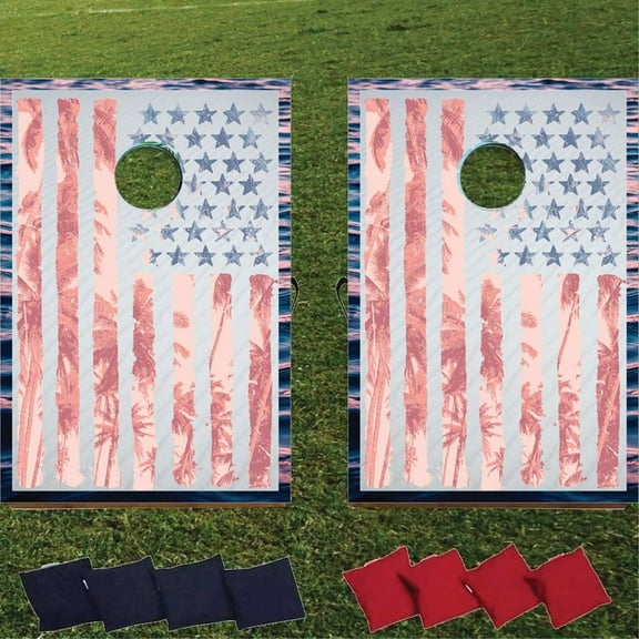 Tropical American Flag Cornhole Game Set - Patriotic Bag Toss Game - 8 Bags Included - Wooden Boards