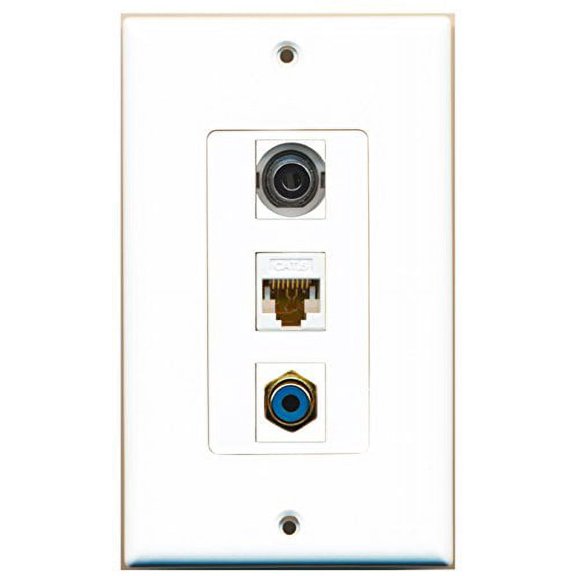 RiteAV - 1 Port RCA Blue and 1 Port 3.5mm and 1 Port Cat6 Ethernet White Decorative Wall Plate Decorative