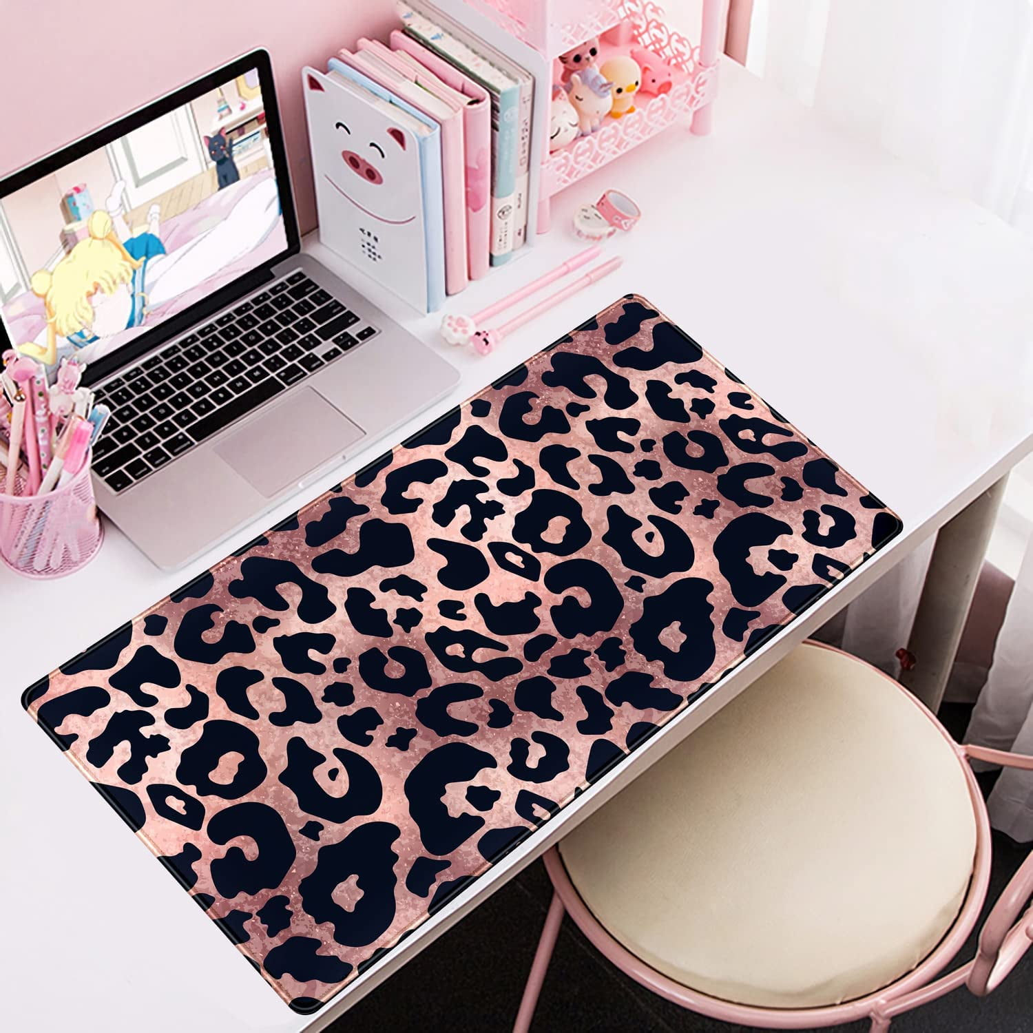 Desk Mat Decor Leopard Rose Black Large Gaming Mouse Pad Gold Pink Marble Mousepad for Women Computer Office Keyboard Mat Laptop Big Mouse Pad Cute Desk Decor 31.5x15.7 in with Non-Slip Stitched Ege