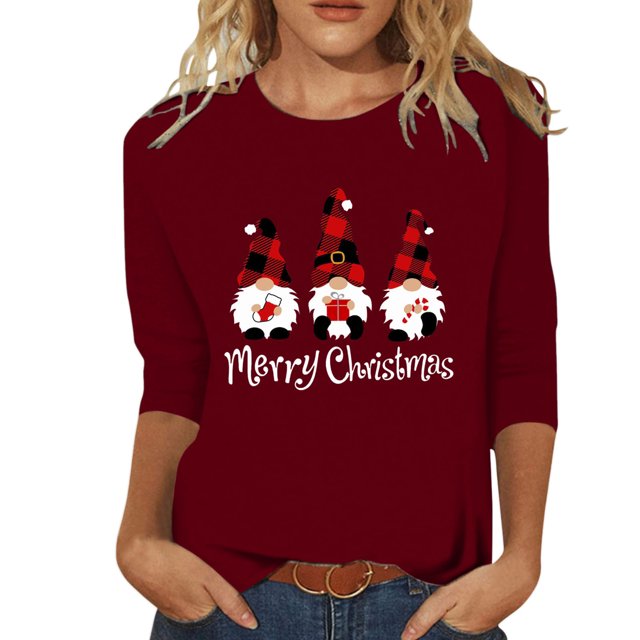Gibobby Camisa navideña mujer Blusa de manga cuartos con cuello redondo y estampado de letras de de Navidad a la informal de Navidad para mujer(Vino,G)