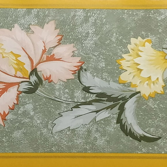 Peel and Stick Yellow Pale Pink Flowers on Vine Dark Green Floral Wallpaper Border Retro Design, Roll 33 ft. x 4 in., Self Adhesive