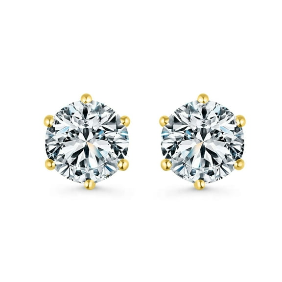 Om Jewels 14K Yellow Gold Plated 2ct Moissanite Round Cut Women's 6 Prong Stud Earrings Silver