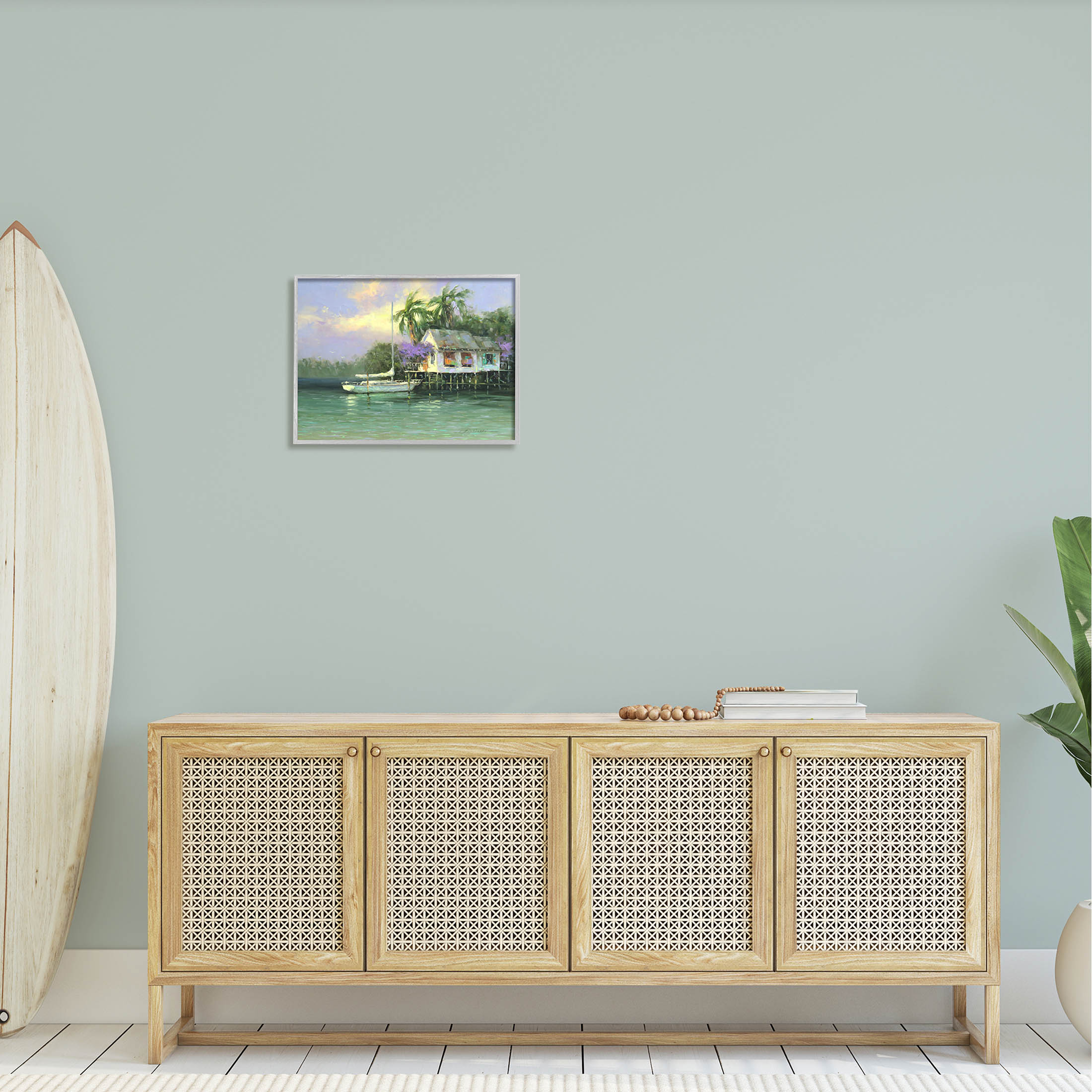 Summer Ocean Pier Palm Trees Landscape Painting Gray Framed Art Print Wall Art