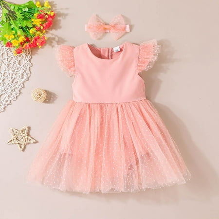 

Cotton Blend Girls Fly Sleeve Romper Dresses Toddler Dot Printed Tulle Princess Dress Headbands Set