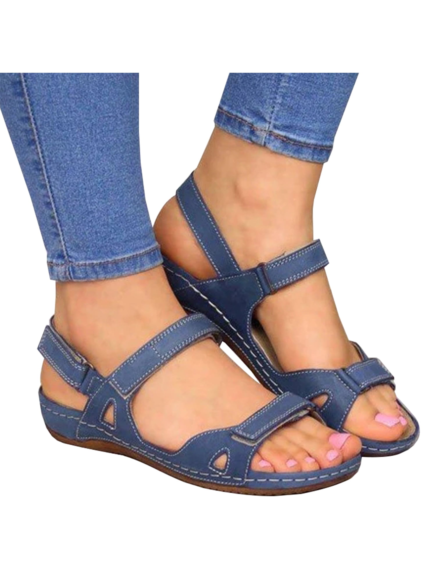 Womens Summer Ankle Strap Flat Casual Open Toe Shoes Hollow Beach Velcro Sandals