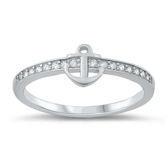 Clear Cubic Zirconia Thin Studded Anchor Ring .925 Sterling Silver Band White Jewelry Female Size 5