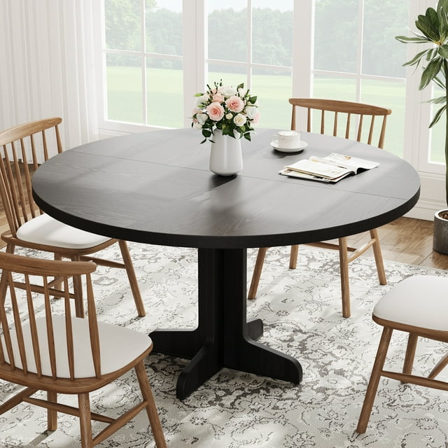 Gaderth 47 Inch Round Dining Table for 4, Farmhouse Kitchen Table with Retro Black Wood Grain Top and Reinforced Base, Space Saving Breakfast Nook Table for Small Dining Room, Table Only