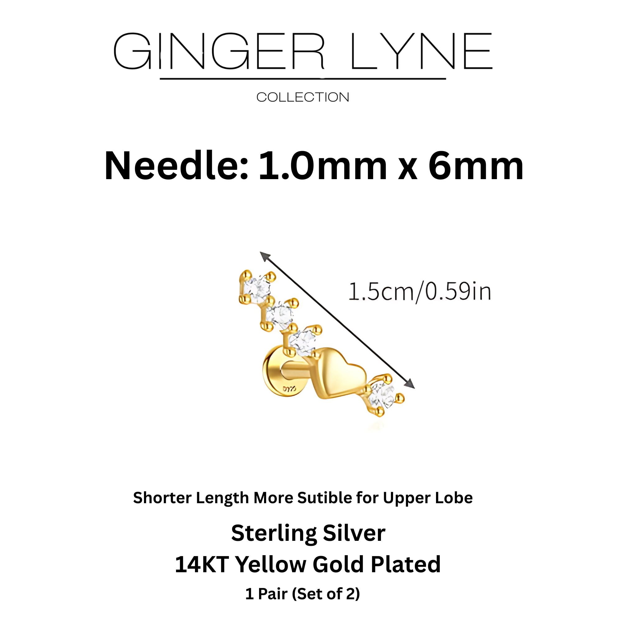 Heart Crawler CZ Flat Back Earrings for Cartilage Helix Tragus Lobe Gold Plated Sterling Silver 1 pair by Ginger Lyne