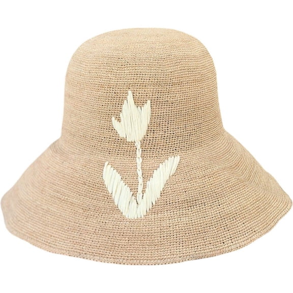 Jiibva Raffia Straw Sun Hat with Tulip Pattern Wide Brim Beach Hat Hand Woven Bucket Cap for Summer Holiday Travel Accessories