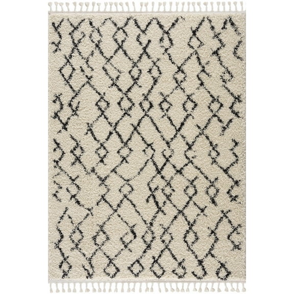 BoutiqueRugs Beige Tribal Bohemian Shag 4x6 Area Rug Charcoal Diamond Pahala Living Room Bedroom Dining Room Home Office Apartment 3'11" x 5'7" Stain Resistant Non-Shedding Pet Friendly