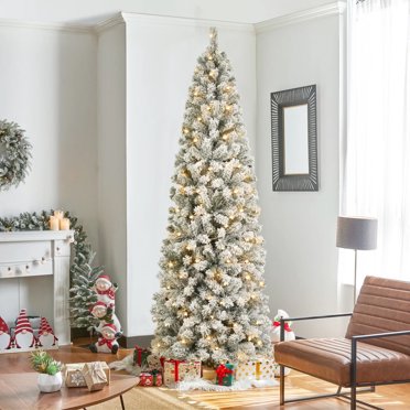 7ft Pre-Lit Artificial Pencil Christmas Tree Snow Flocked Slim Skinny Xmas Tree Holiday Decoration with 900 Tips and 250 Warm Lights