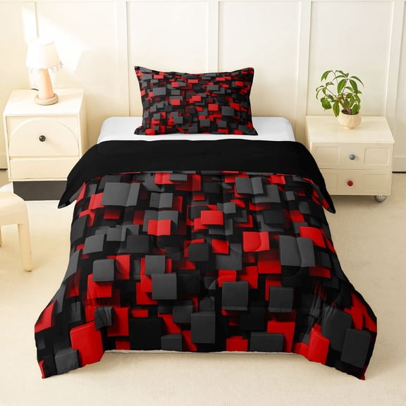 Homewish 3D Plaid Print Twin Comforter Sets,Black Red Bedding Set,Black Reversible,2 Pieces,1 Comforter and 1 Pillowcase