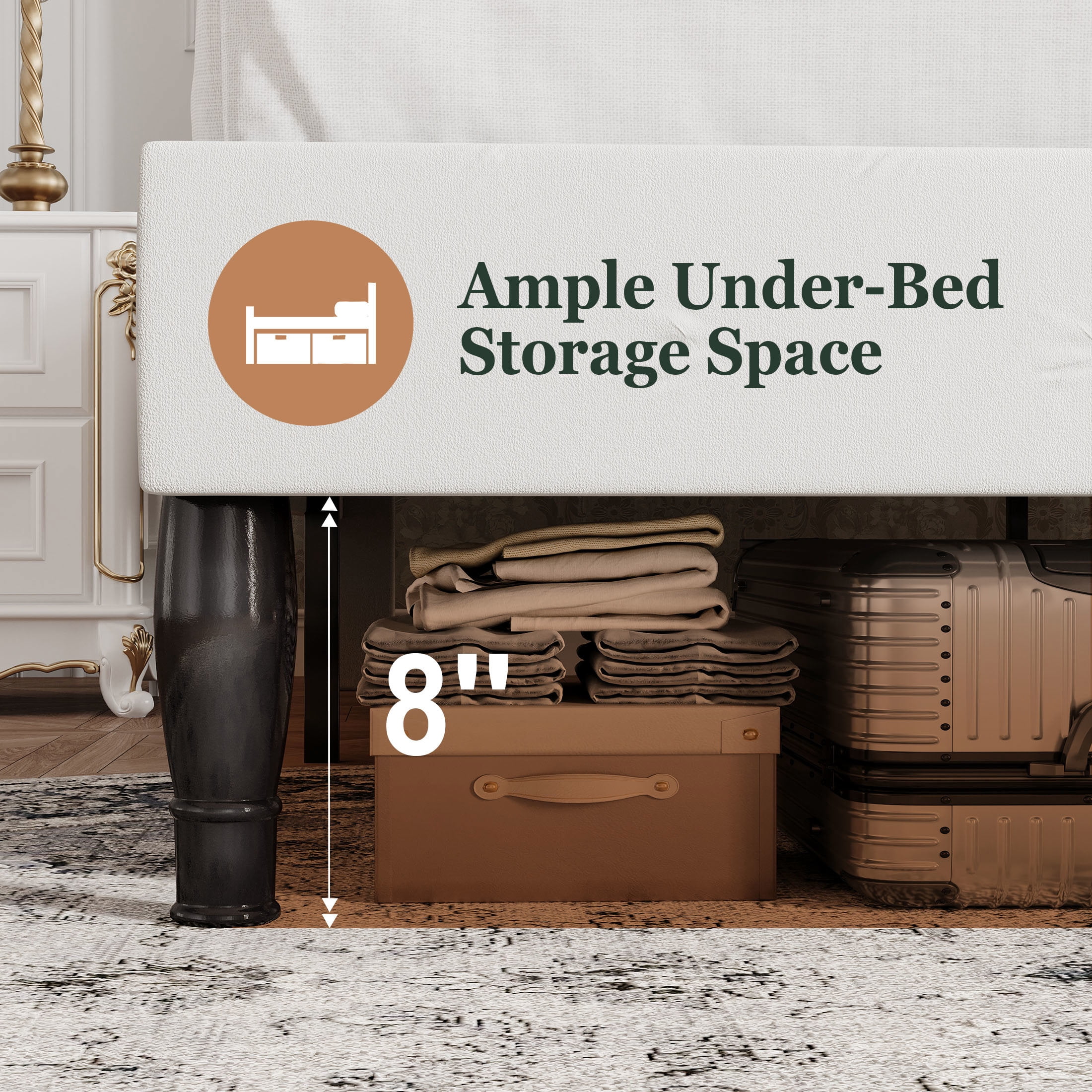 Amolife Queen Bed Frame with Adjustable Crown-Shaped Headboard, Upholstered Platform Bed, No Box Spring Required, White