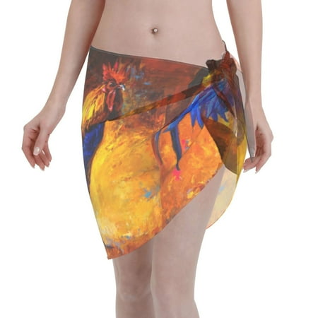 Qekee Colorful Rooster Women s Short Sarongs Cover Ups Sheer Bikini Wraps for Swimwear
