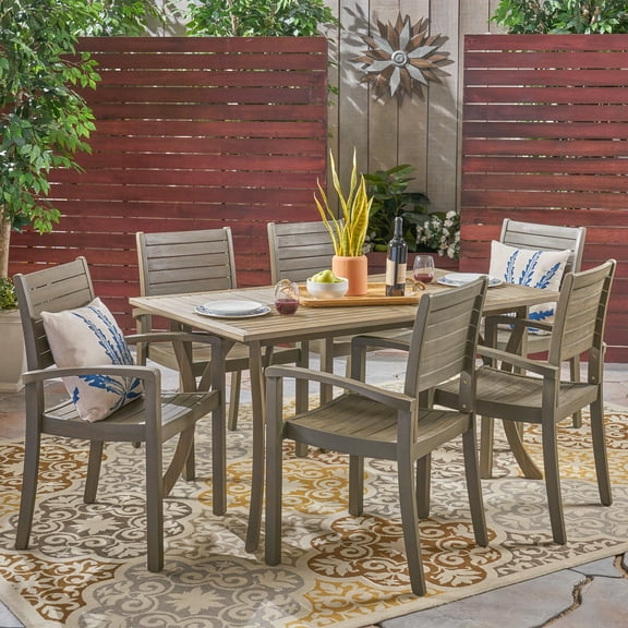Adriana Outdoor 7 Piece Acacia Wood Rectangular Dining Set, Gray