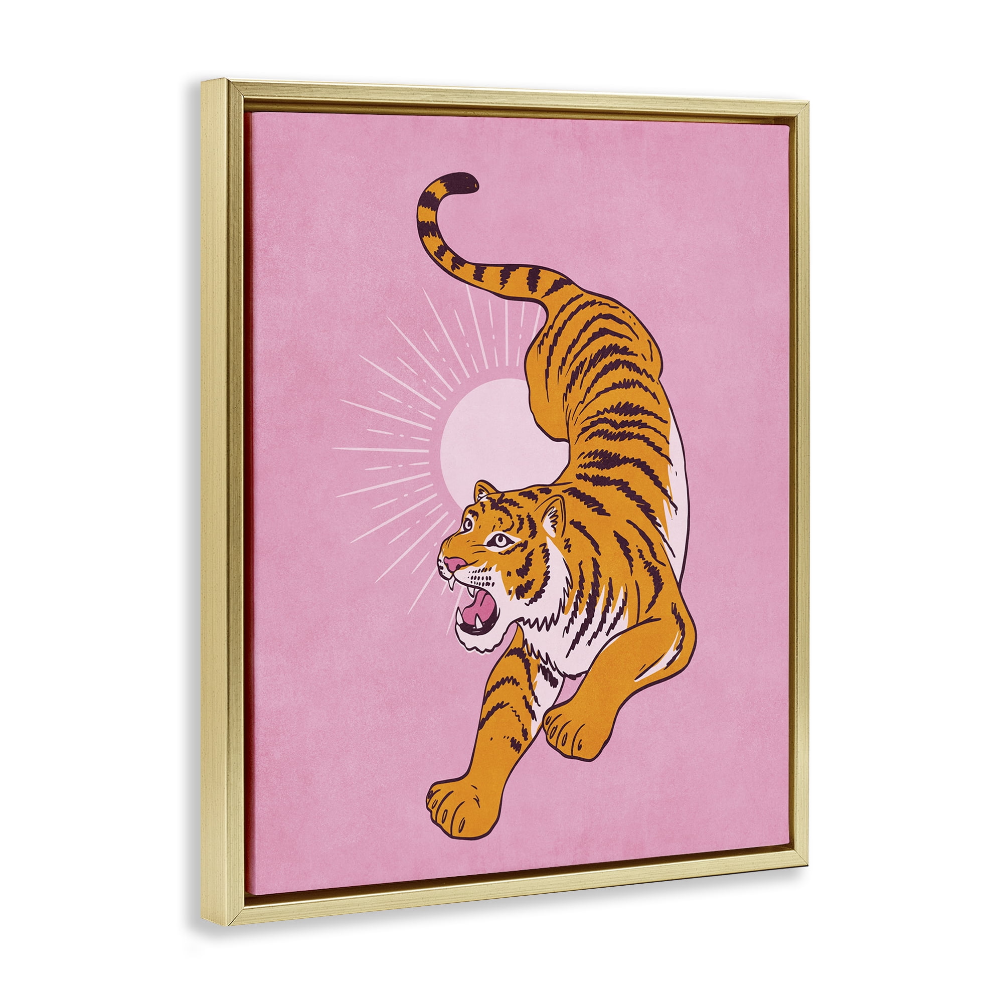 Stupell Industries Preppy Roaring Tiger Animals Painting Gold Floater Framed Canvas Art Print Wall Art, 17 x 21