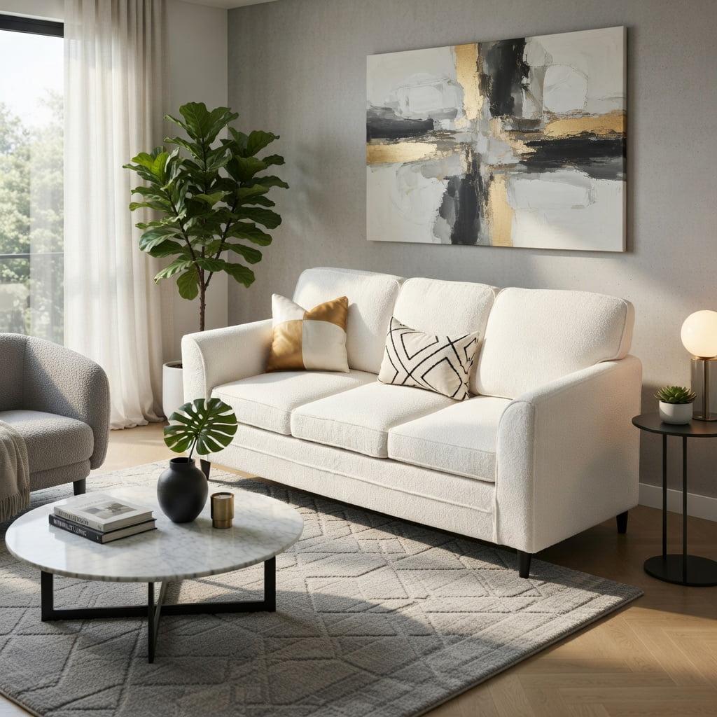 Hommoo Teddy Velvet 3-Seater Sofa, Plush Upholstered Living Room Couch with Ergonomic Back Support, Machine-Washable Cushion Covers, Rubber Wood & Metal Frame, White