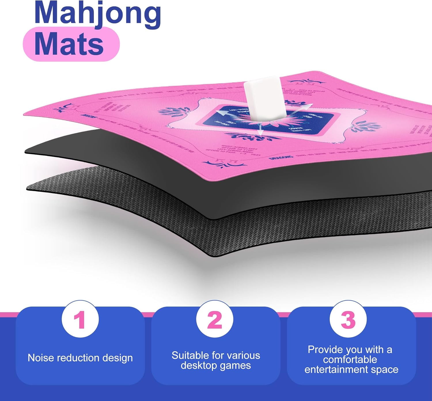 Mahjong Mat for Table, American Mahjong Mat with Printed Rules, 32x32 Inch Non-Slip, Quiet and Foldable Game Mat, Includes Portable Tote Bag (Pink)