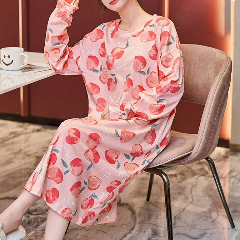 Homgro Women's Cute Long Sleeve Nightgown Padded Midi Sleep Dress Ruffle  Nighty Cotton Sleepwear Pink 4-6
