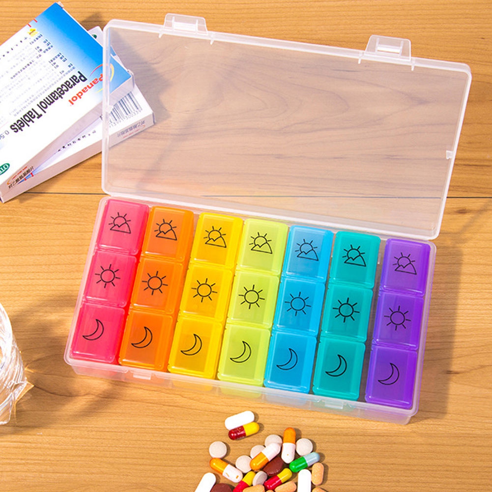 Rainbow 21 Grids Seven Day Pills Box Medicine Case Storage Divider Dispenser