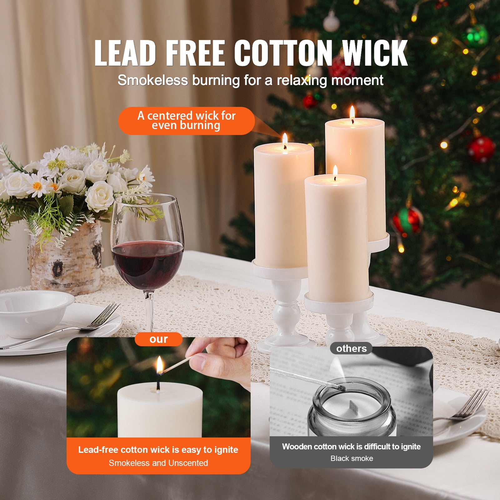 KFFKFF Trio of White Odorless Pillar Candles, 65 Hour Extended Burn Time, 3 x 6 Inch Flameless Unscented Candles, Crafted from Natural Palm Wax for Household Use, Nuptials, Yuletide Celebrations