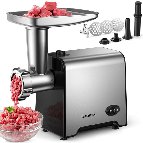 KEENSTAR Hachoir à Viande Électrique, Broyeur de Saucisses 450W avec Lame et 3 Plaques, Tubes de Broyeur à Saucisses et Kit de Kubbe, Acier Inoxydable