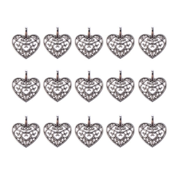 50 colgantes de aleación hechos a mano, accesorios para collares y pendientes, colgantes de metal con forma de corazón hueco para hacer pulseras, collares y joyas (plata)