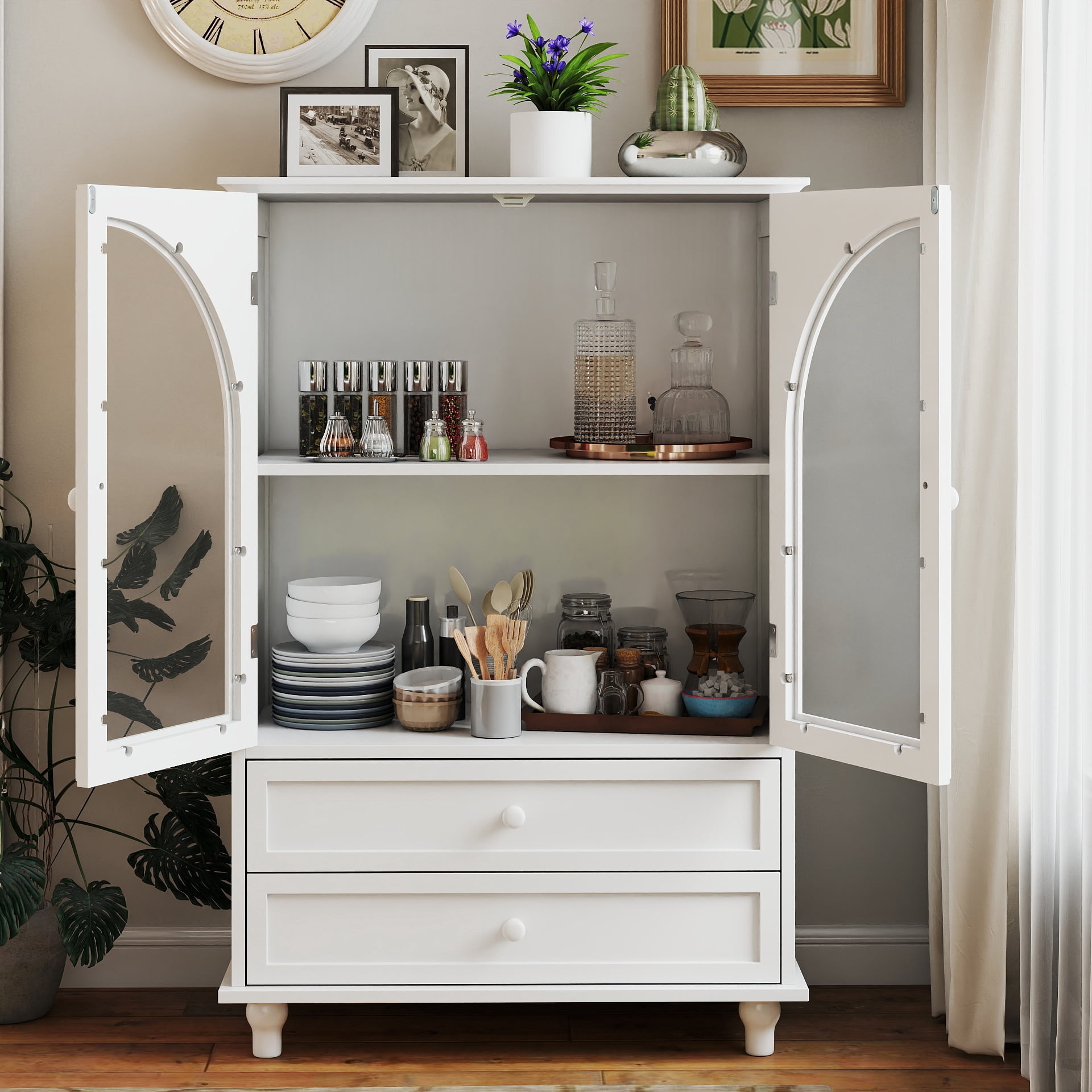 Farmhouse Storage Cabinet, Arched Tempered Glass Door Buffet Sideboard with Tiered Top, 2‑Drawer Pantry Cabinet for Kitchen Dining Living Room Entryway Coffee Bar
