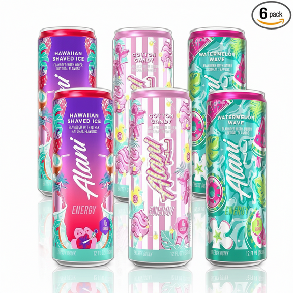 New Alani Energy Drinks Cotton Candy, Watermelon Wave, Hawaian Shaved Ice Variety Pack Sugar-Free, Low-Calorie, 200mg Caffeine, Energy Boost Drink 12 fl oz (Pack of 6)