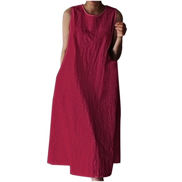 Bowake Femmes Été Sans Manches Coton Lin Maxi Robes Décontracté en Vrac Débardeur Robe de Couleur Unie Poche Robe de Soleil