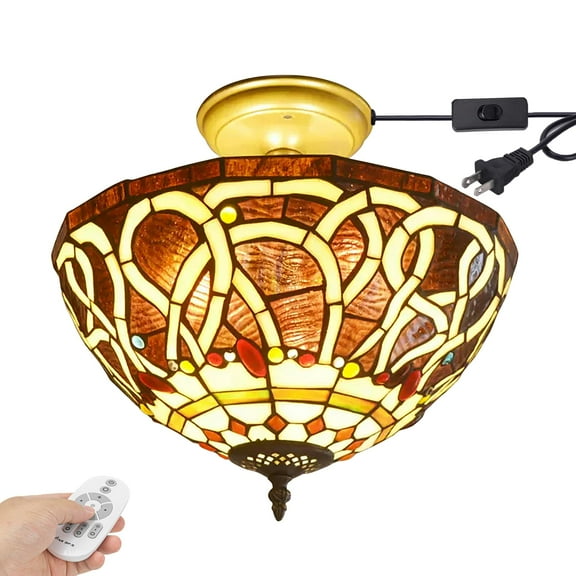 Kiven 13.8in Plug-in Flush Mount Ceiling Light Fixture, 3-Light Anti Glare Close to Ceiling Light with 15FT Cord, Tiffany-Style Glass Chandelier Dimmable for Bedroom Kitchen Hallway(No.3201)