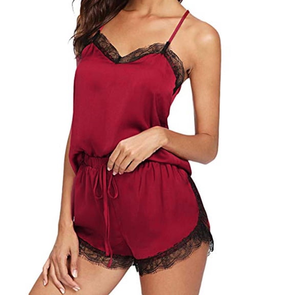 Vivianyo HD Sleepwear for Women Women Sleepwear Sleeveless Strap Nightwear Lace Trim Satin Cami Top Pajama Sets Rollbacks Wine Red