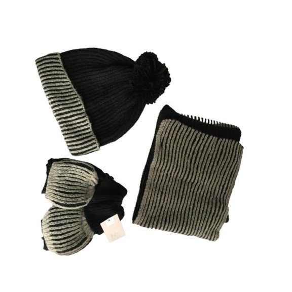 Berkshire Fashions Women's 3pc Set - Scarf, Hat & Gloves - Black And Gray