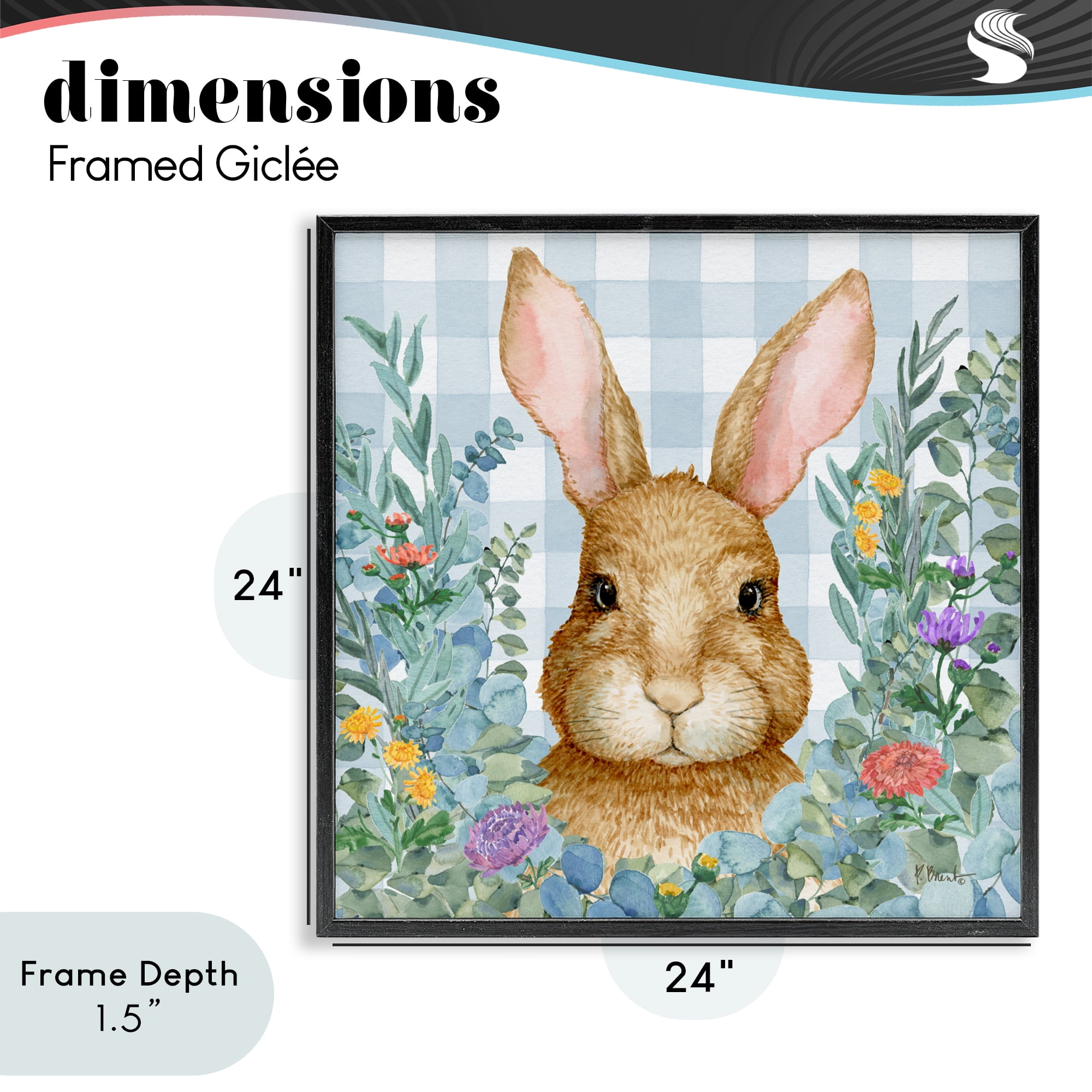 Stupell Industries Rabbit Laurel on Gingham Black Framed Giclee Art, design by Paul Brent