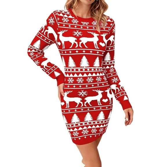 Fiaer Christmas Womens Sweater Dress Plus Size Long Sleeve Knitted Crew Neck Funny Graphic Slim Fit Xmas Tops Red XL