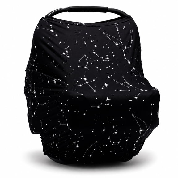 Baby Car Seat Cover & Nursing Cover, Stretchy 5-in-1 Breastfeeding Canopy with Carry Pouch, Black Constellation