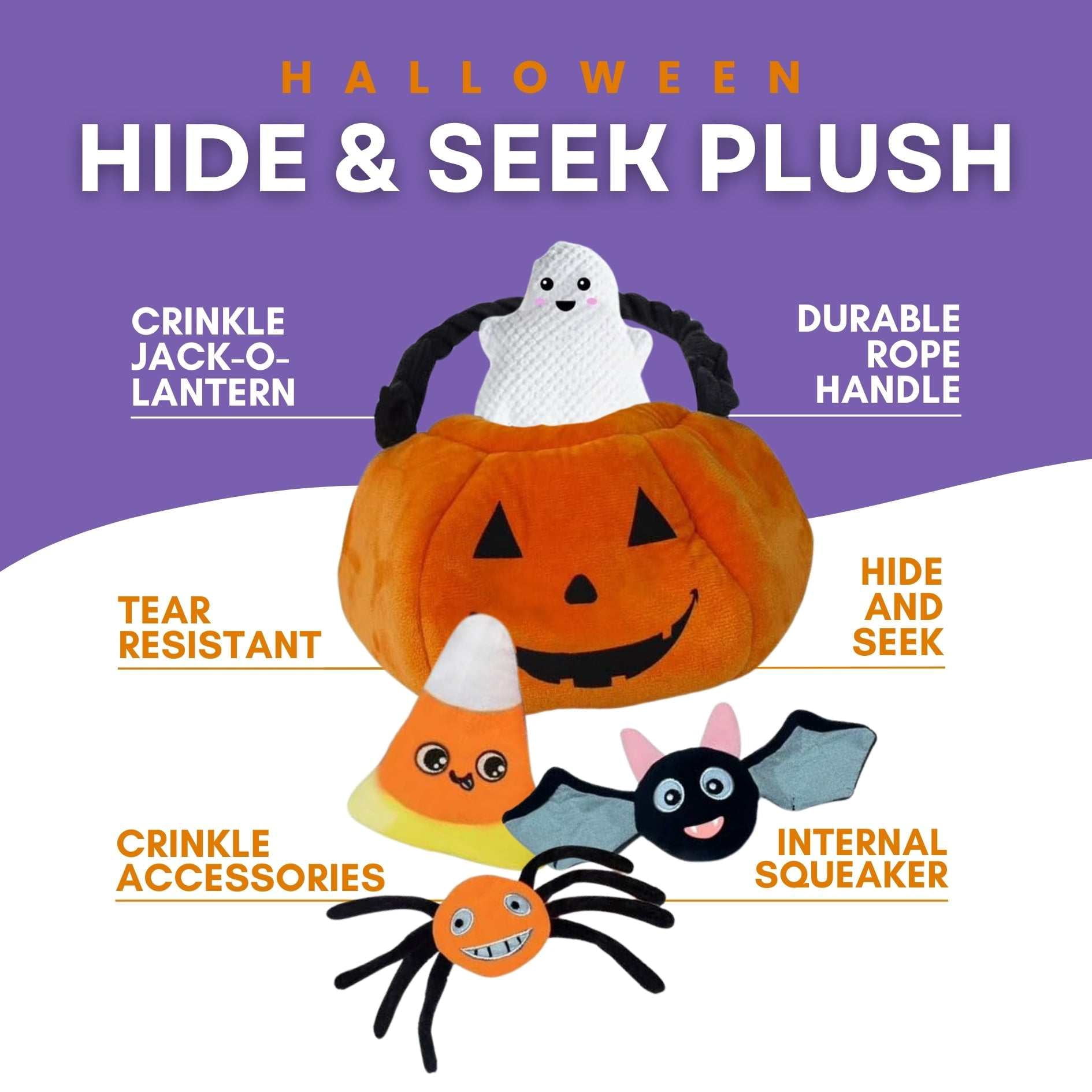 Halloween Jack O Lantern Hide and Seek Dog Toy with 4 Interactive Plush Toys